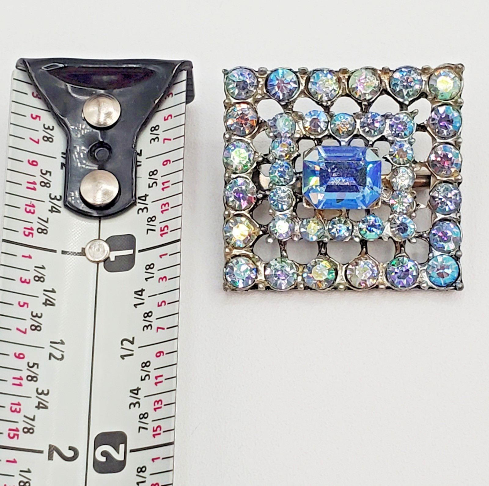 VTG Aurora Borealis Crystal Brooch 1in Square Silver Tone Blue Layered AB Pin