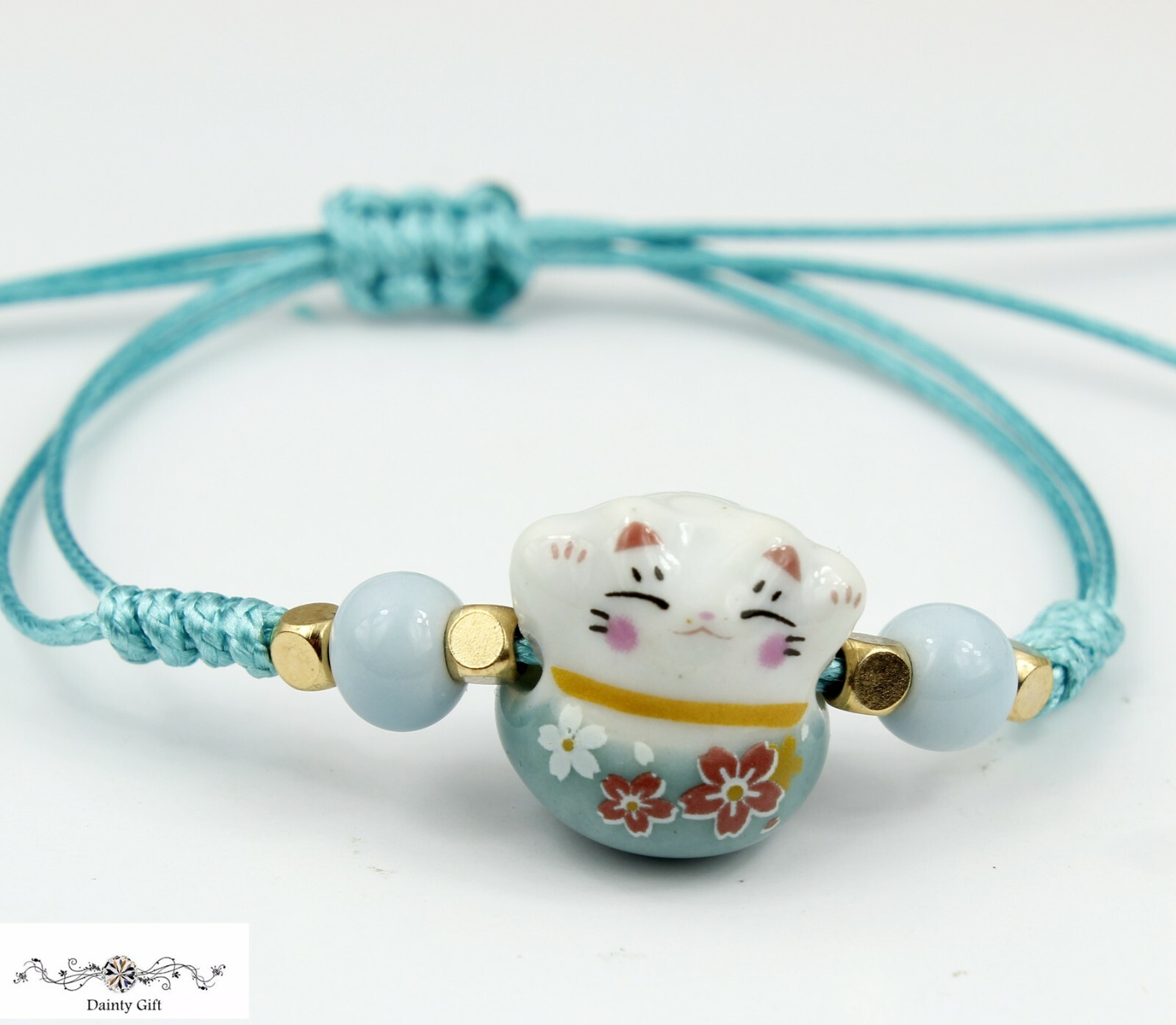 Girl Women Luck Ceramic Fat Flower Cat / Kitty Animal Adjust Rope Bracelet 4-11″