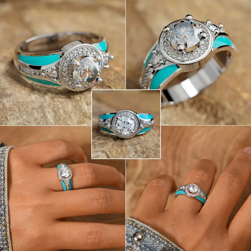 5Pcs Boho Turquoise Zircon Rings Set for Women Fashion Daily Jewelry Gift