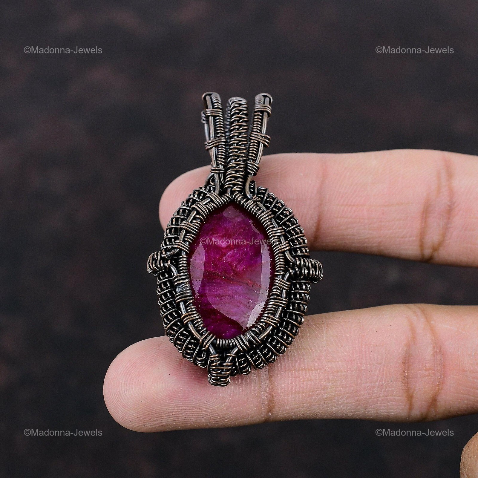 Natural Kashmir Rubi Copper Engagement Daughter Anniversary Wire Wrapped Pendant