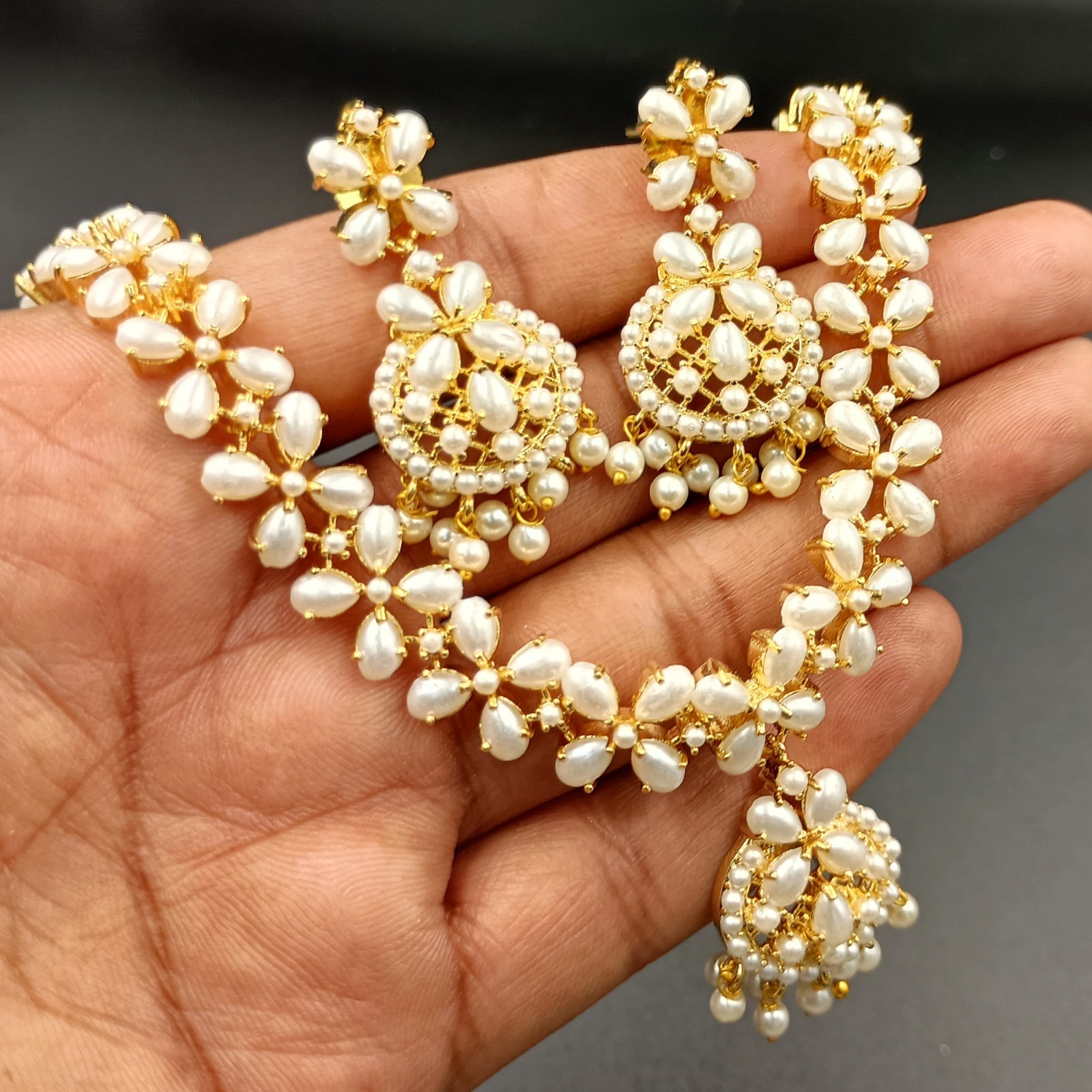 Vintage White Pearl Necklace Set 22K Gold Plated Chain Earrings Bridal Gift