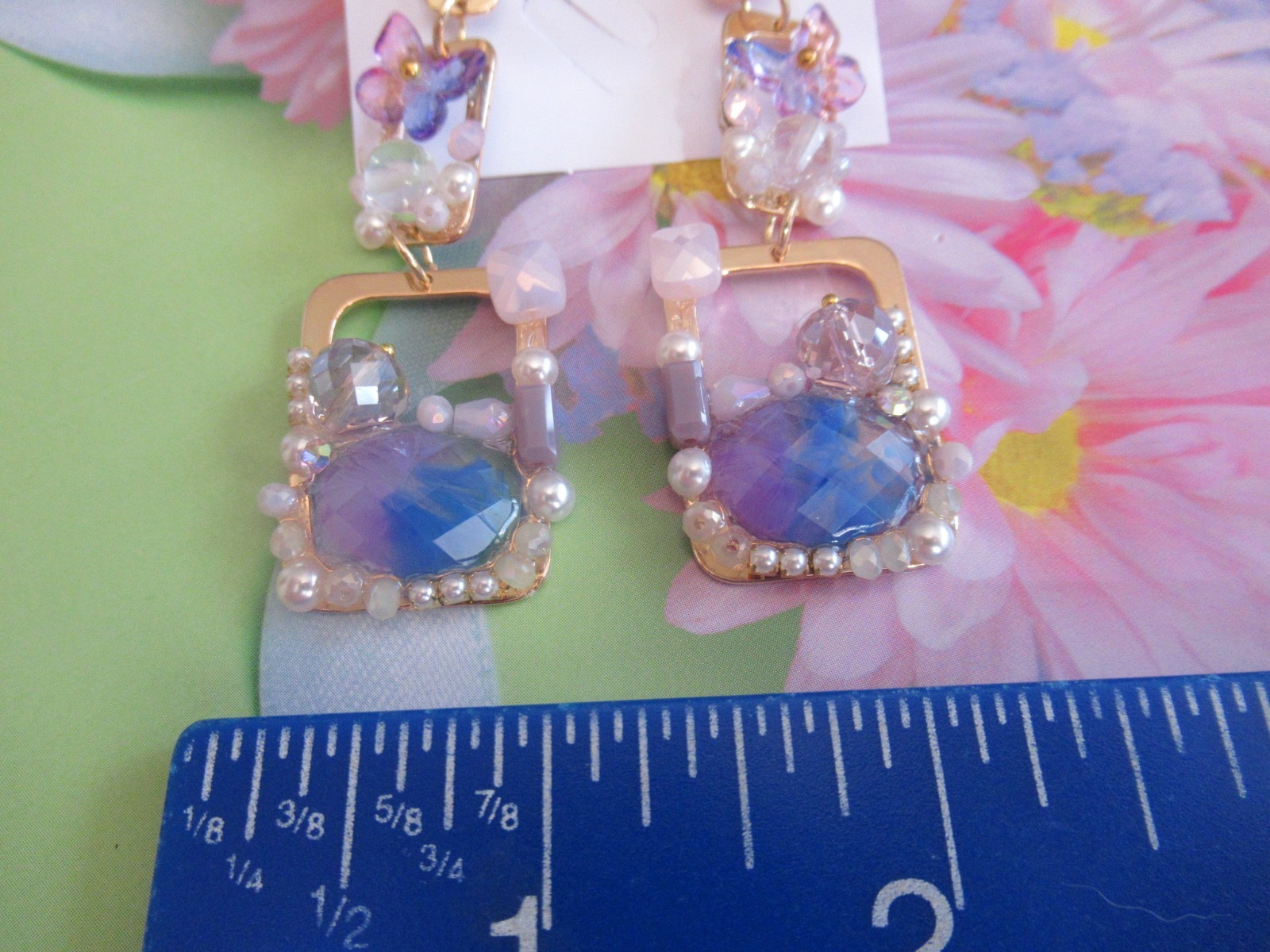 BEAUTIFUL GEMSTONES BLUE PINK BUTTERFLY GOLD DANGLE EARRINGS NWT