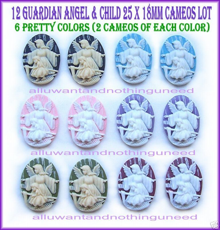 12 Religious Christian 6 Colors Guardian Angel 25mm x 18mm CAMEOS for Crafts LOT