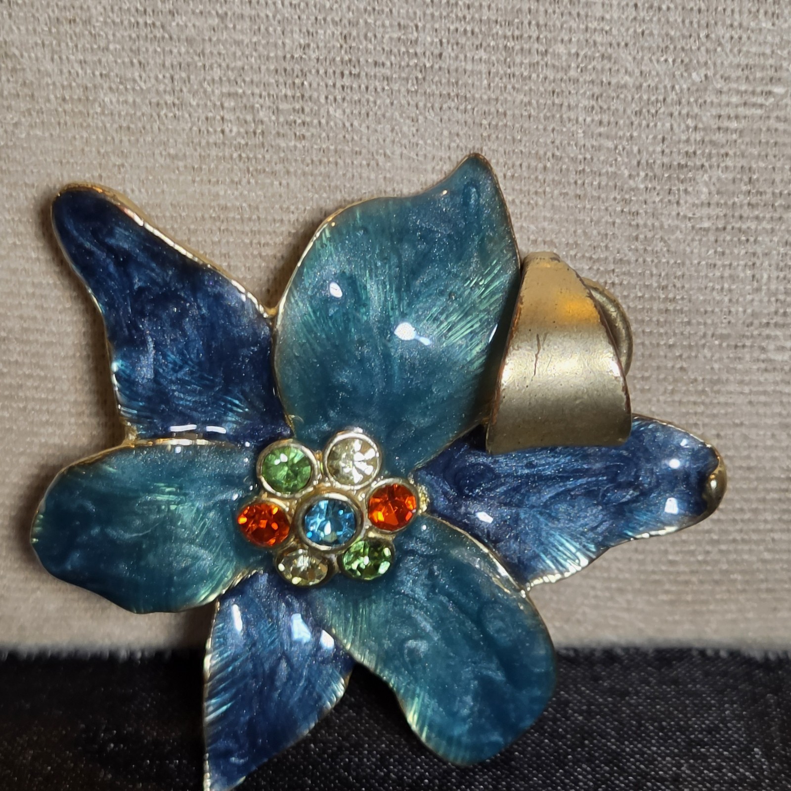 Vtg Enamel Flower Pendant – Blue Green – Gold Tone Back 7 multi color crystals