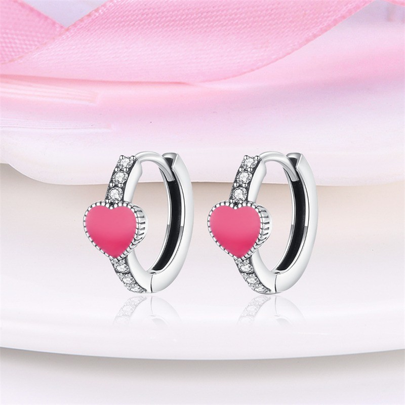 PANDACH 925 Sterling Silver Pink Heart Huggie Hoop Earrings For Women Jewelry