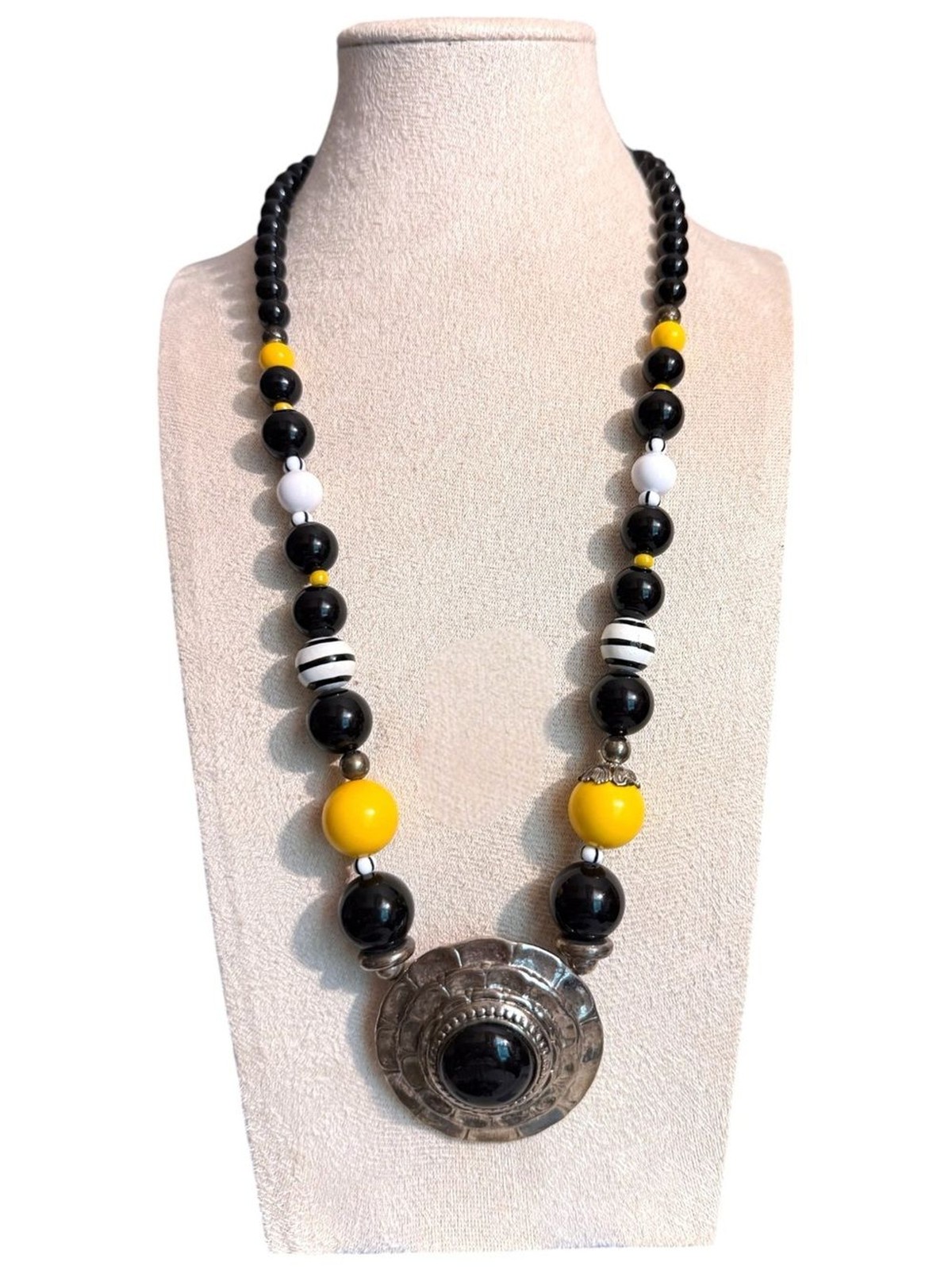 Black, Yellow & White Beaded Statement Necklace with Silver-Tone Pendant