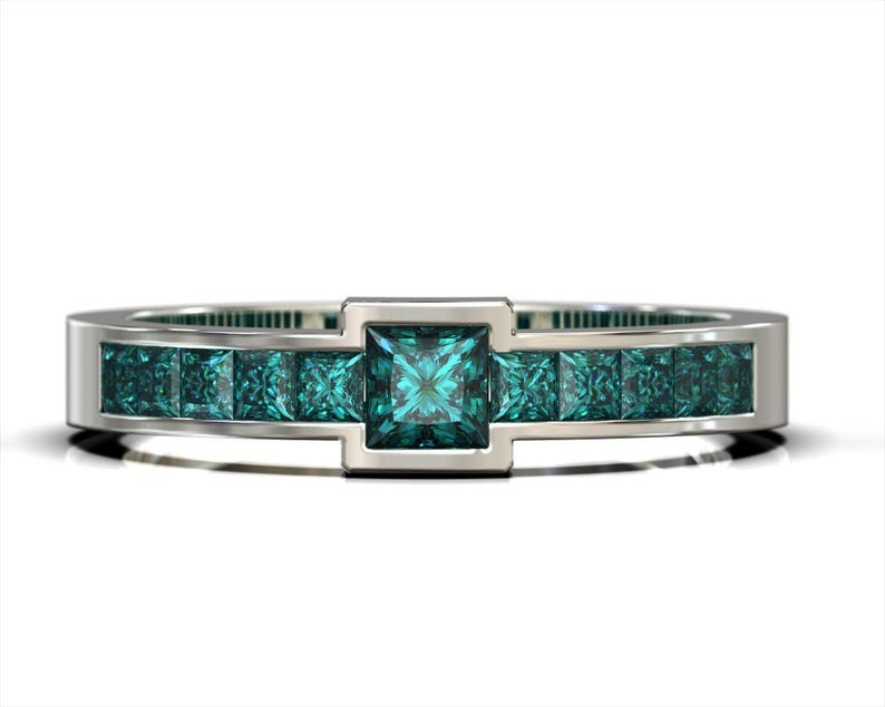 Fancy Blue CZ Diamond Engagement Ring Princess Cut Cubic Zirconia Jewelry Women