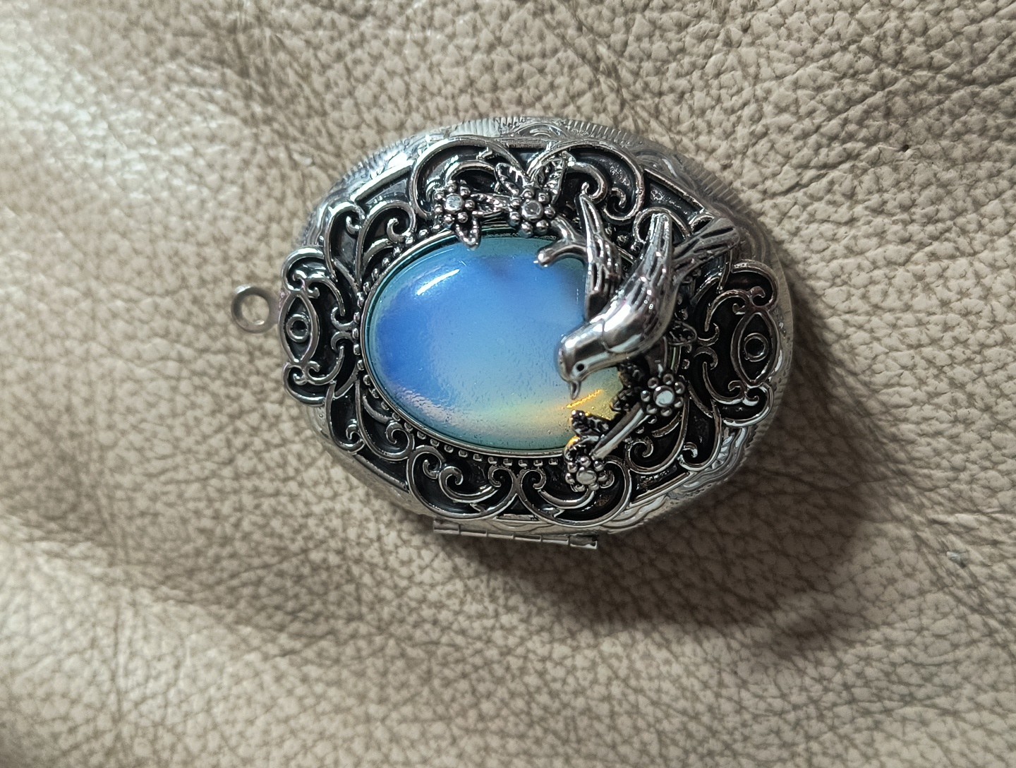 Opalite Locket W Bird Filagree SilverPlated Ornate Oval Pendant 2″ Statement Gem