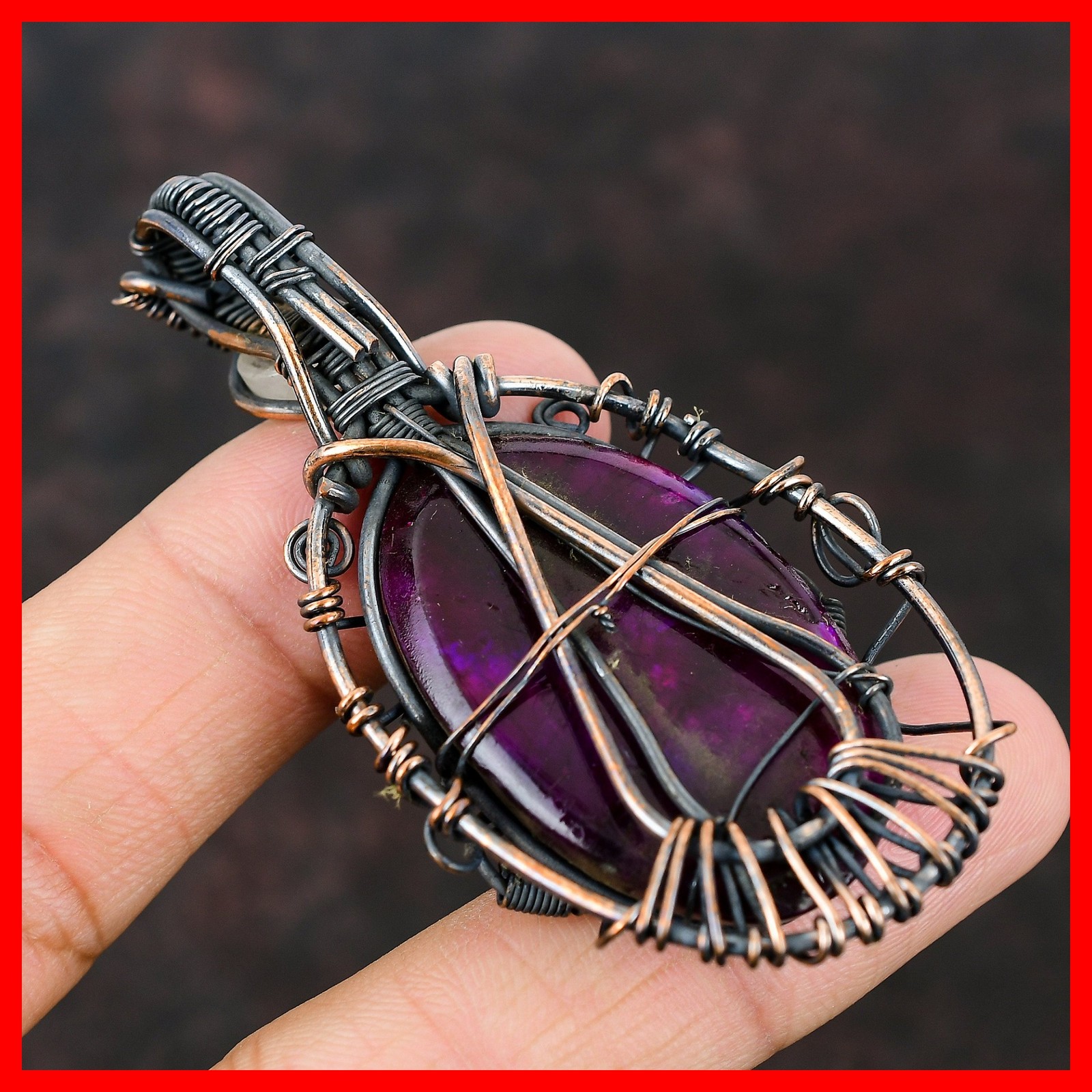 Natural Pink Fire Labradorite Rainbow Moonstone Art Deco Pendant Jewelry Copper