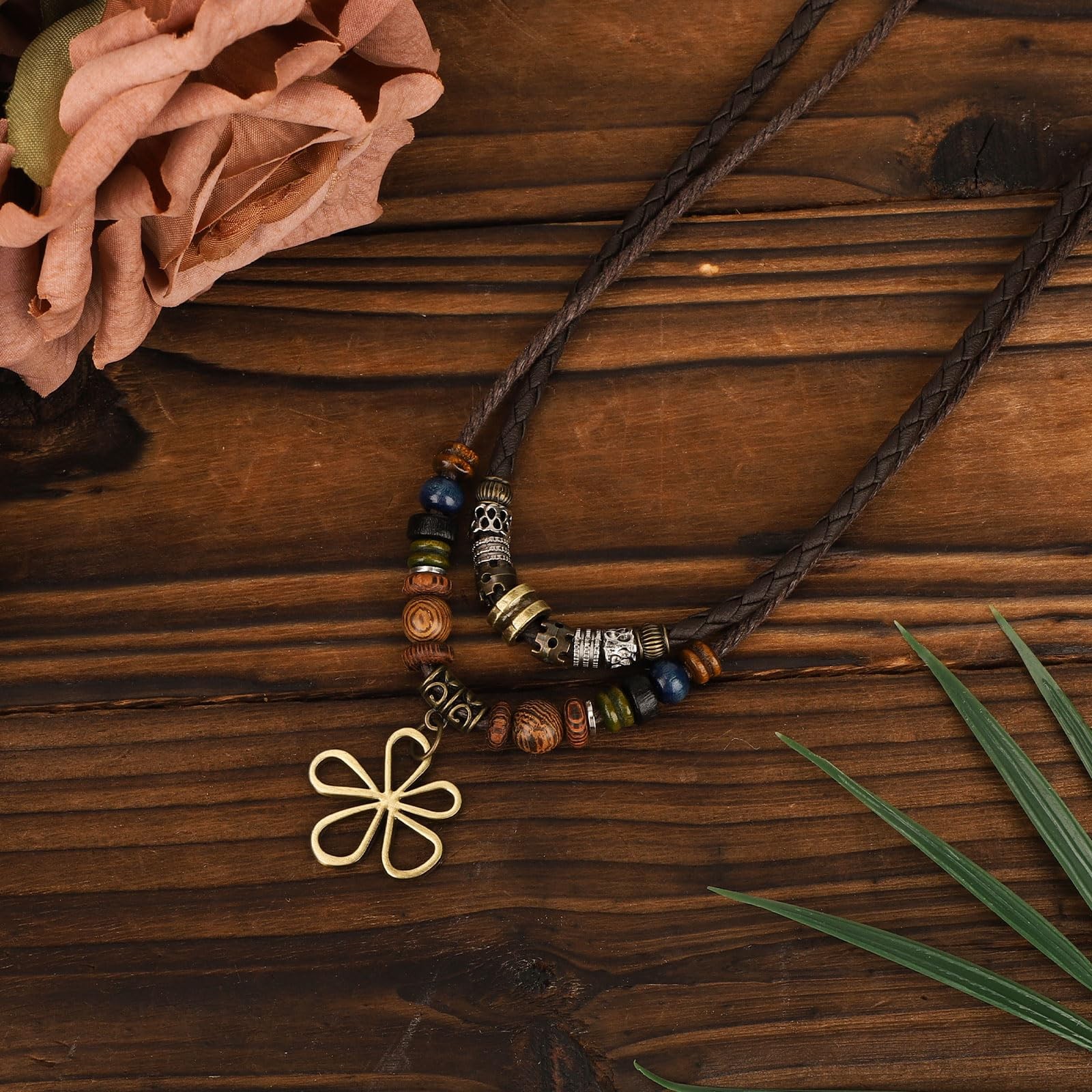 Multi Layer Boho Wood Bead Necklace Brown Bohemian Hollow Pendant Jewelry Gift