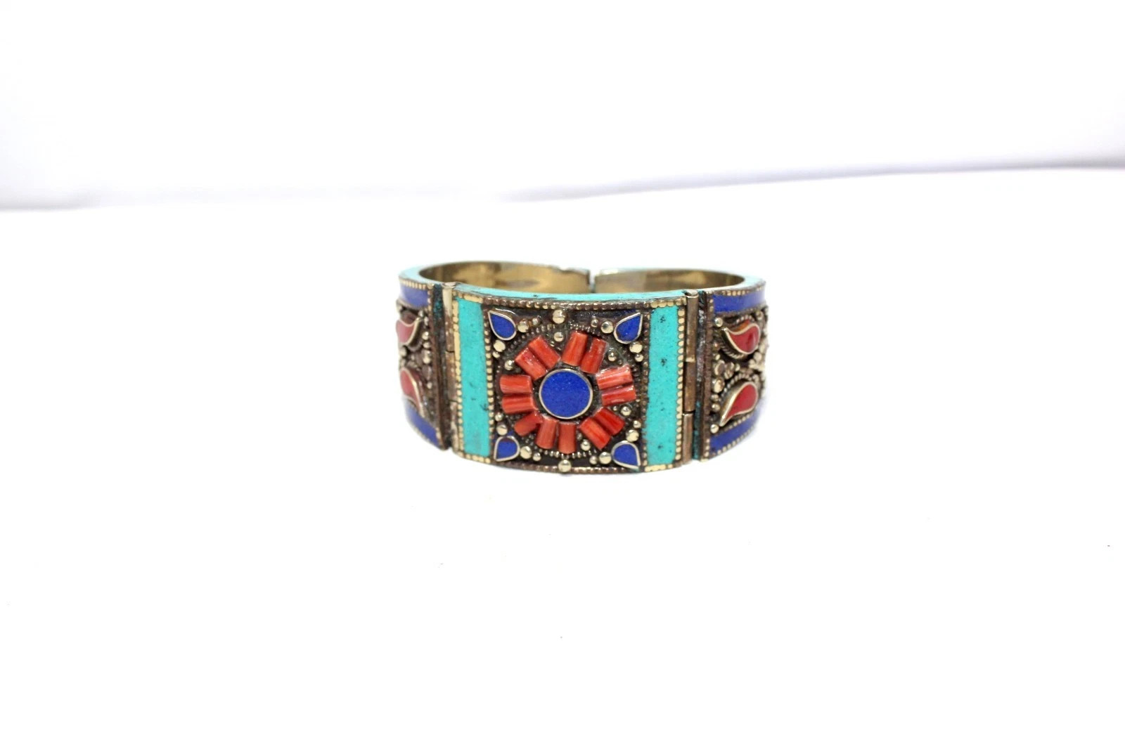 Turquoise Bracelet Alloy Steel Coral & Gem Stone Tibetan Nepal Handmade
