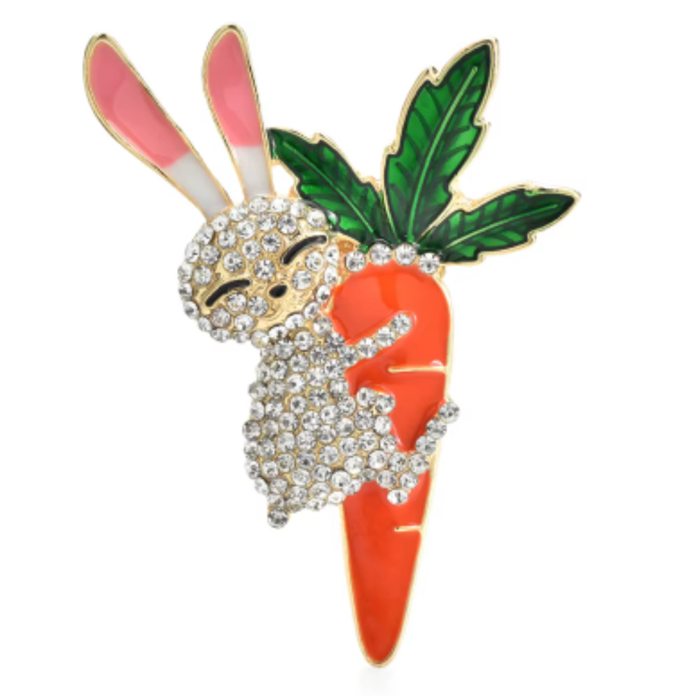 Easter Spring Bunny Carrot Brooch Rhinestone Rabbit Animal Pin Gift Jewelry USA