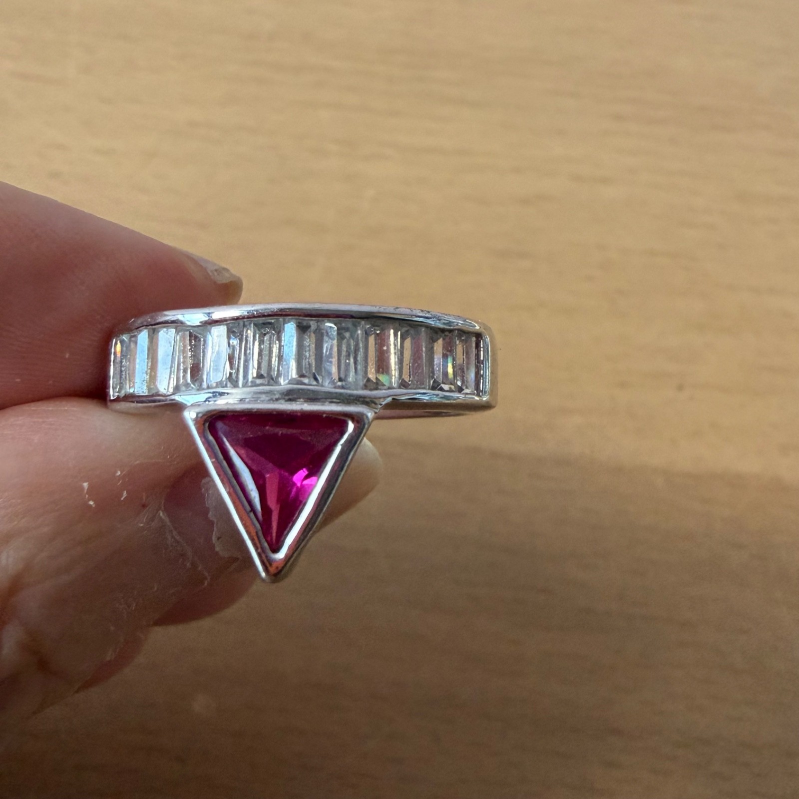 SYNTHETIC RUBY / PINK SAPPHIRE BAGUETTE RHINESTONES GEOMETRIC RING SILVER TONE