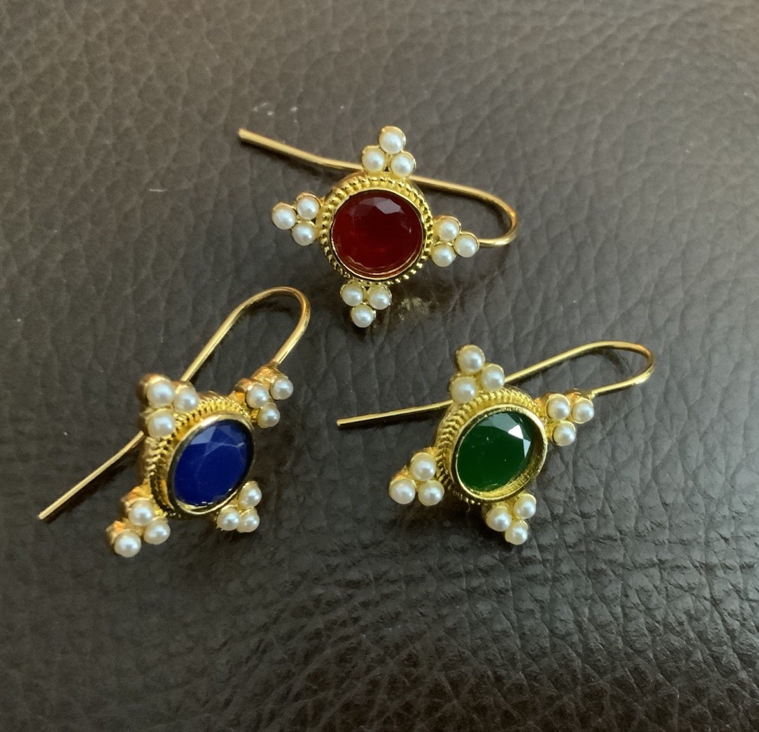 Museum Earrings Blue Pearl Red Green Mix Match Gold Flower Court VTG Floral VTG