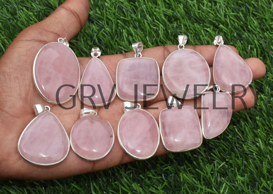 1-1000 Pcs Rose Quartz Bezel Pendant Lot Bulk: Silver Plated Necklace WH-8