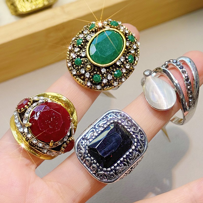 50pcsMixed Vintage Boho Rings Retro Ethnic Statement Colorful Rhinestone Jewelry