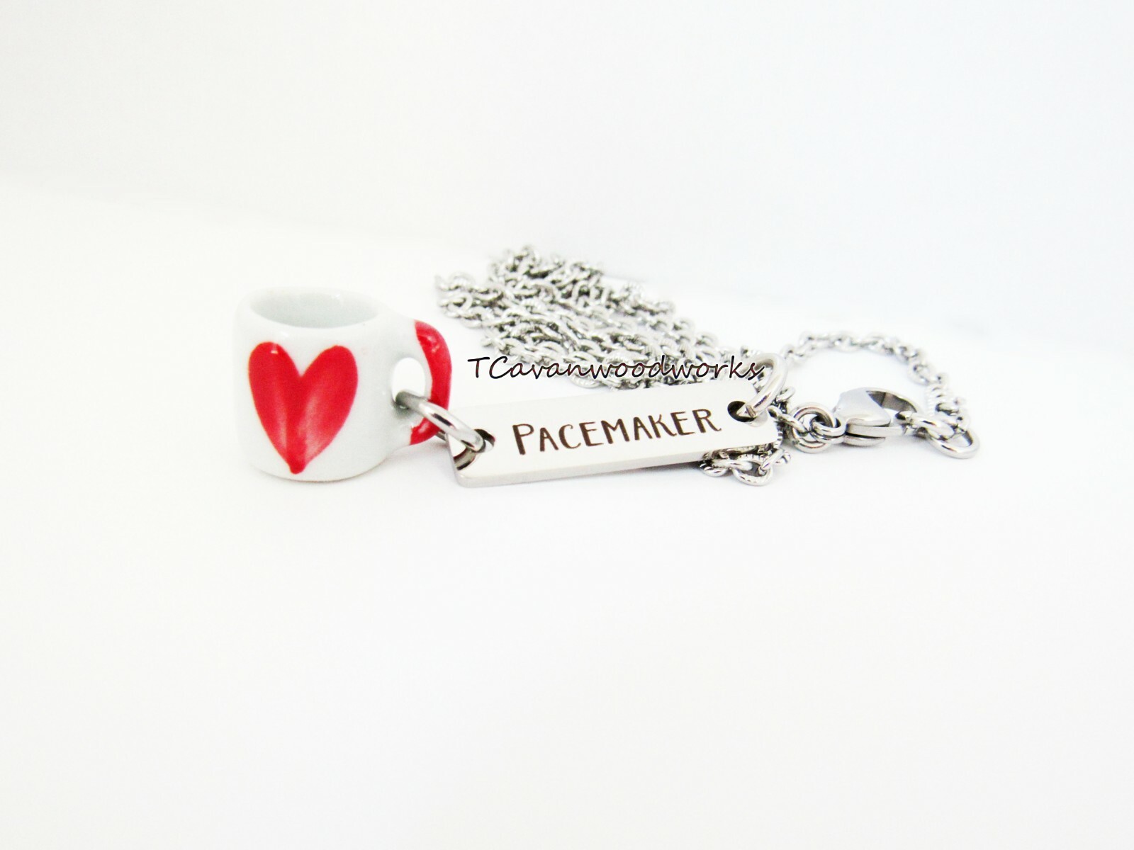 Pacemaker necklace Coffee or Tea lover Ceramic red heart mug Pacemaker stainless