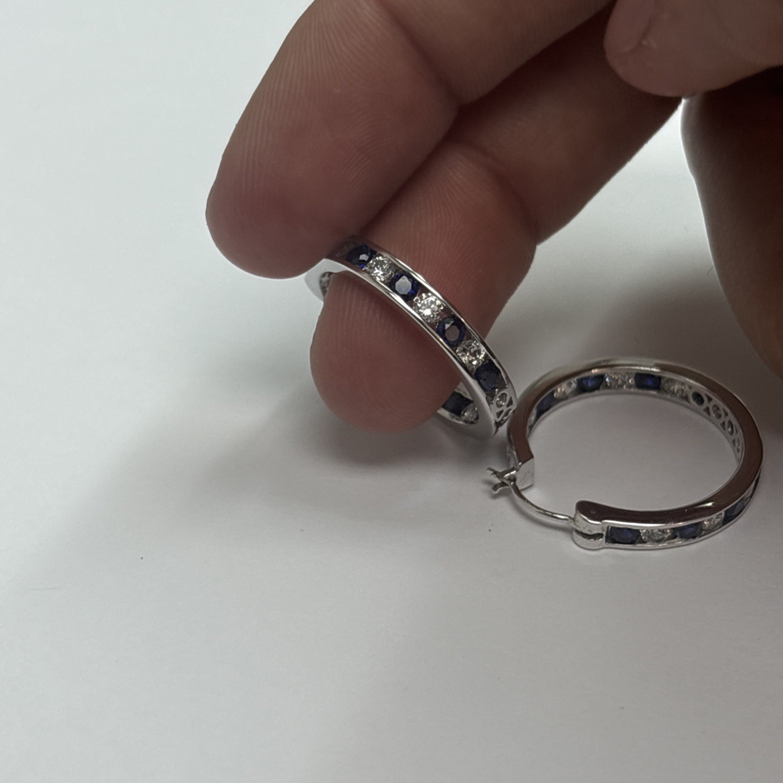 Women’s Earrings Blue And Whit Cz Stones Hoop Style As Is 925 Silver