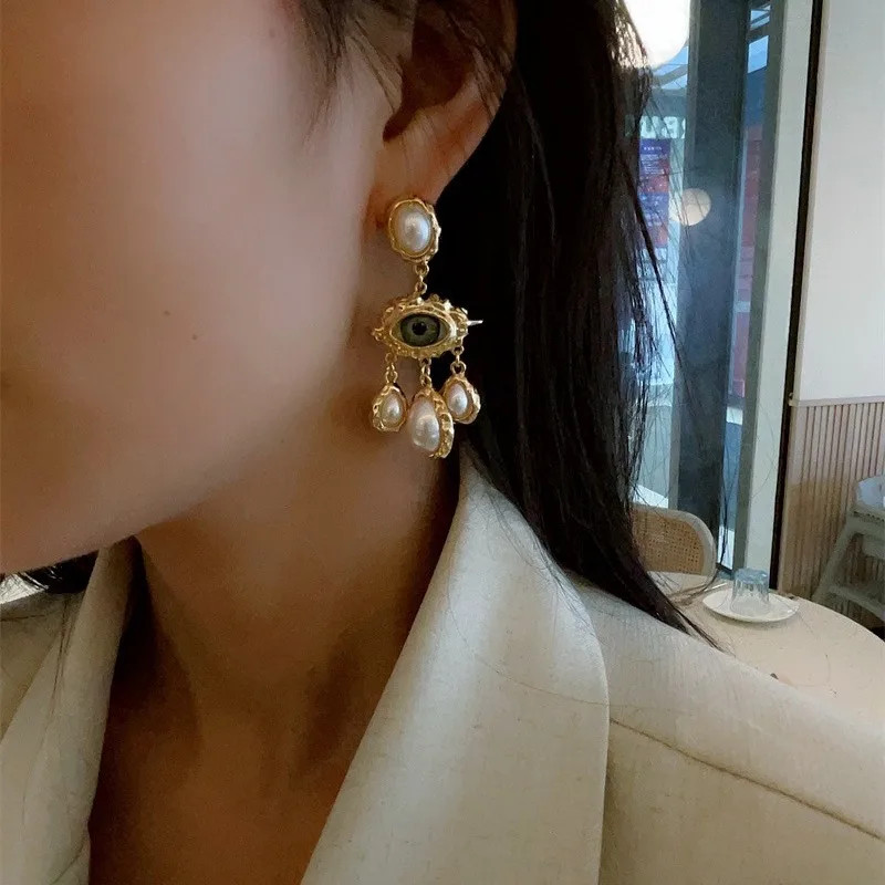 Gold Evil Eye Pearl Drop Earrings Gothic Surreal Statement Jewelry