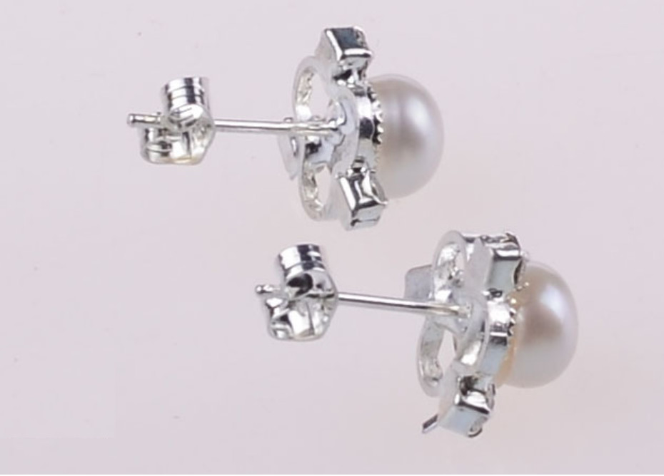 Freshwater Pearl Cubic Zirconia Flower Silver Plated Stud Earrings 10mm Gift PE4