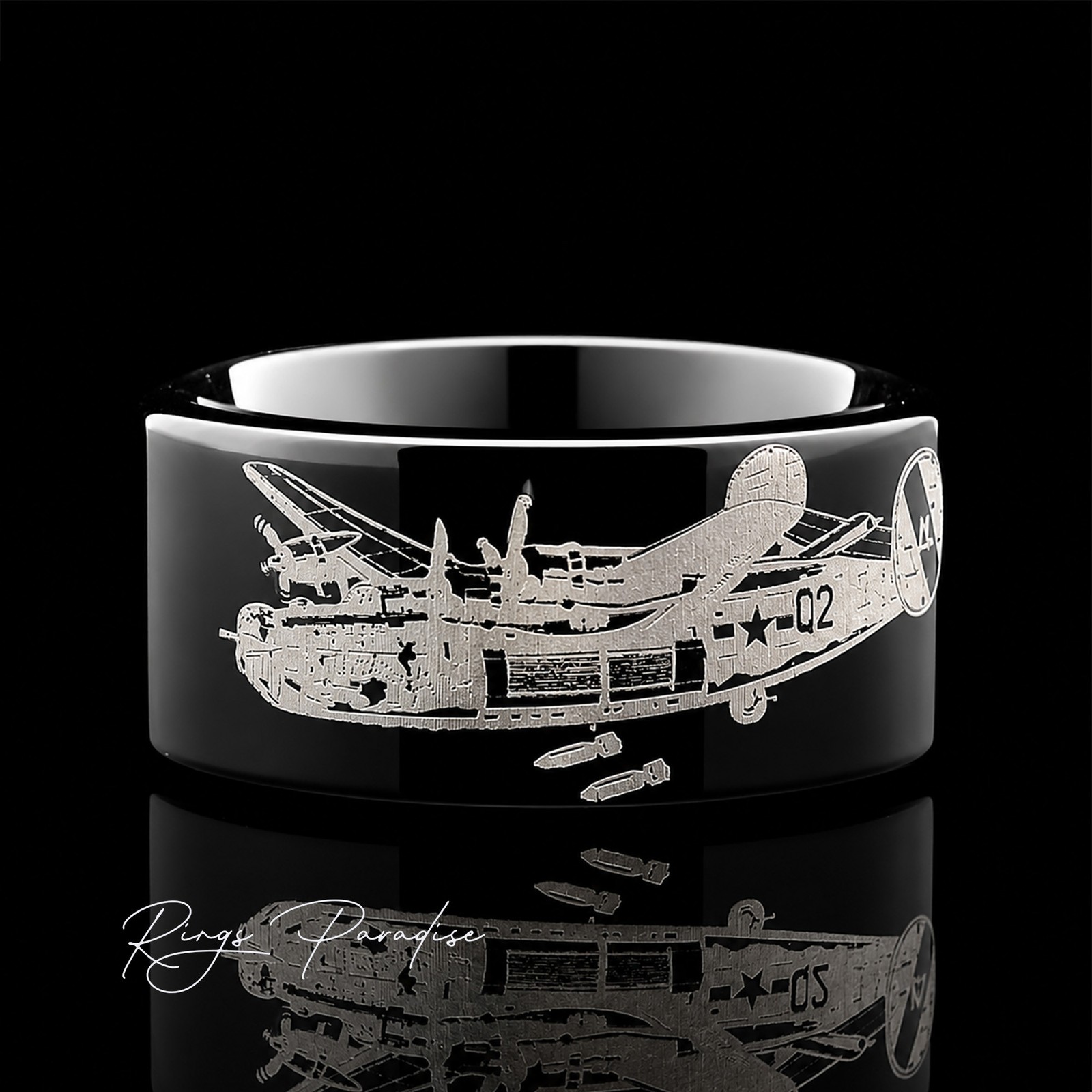 B-24 Airplane Tungsten Wedding Band with WWII Aviation Engraving – 8mm 10mm 12mm