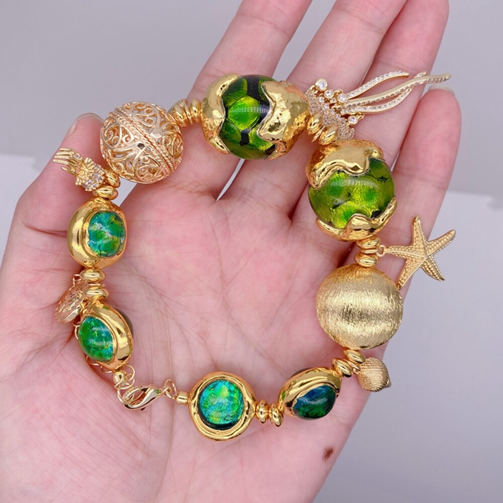 Green Murano Glass White Pearl Gold Plated Charm Beaded Bracelet Handmade