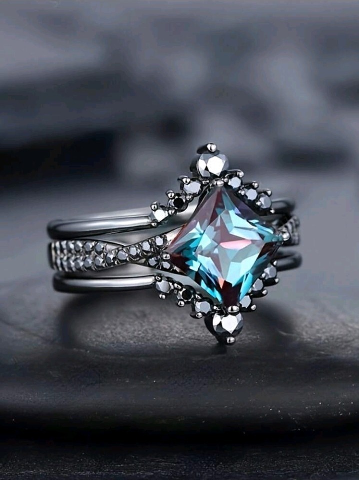 3pcs Black Colored Zinc Blue Purple CZ Ring Set Size 10