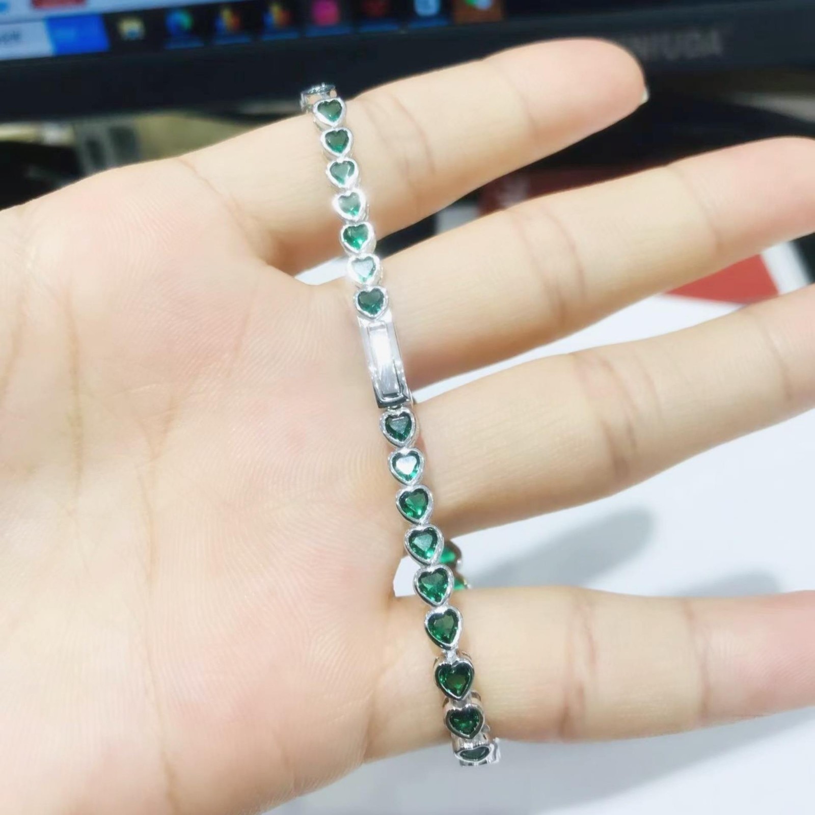 Green Heart Cut Tennis Bracelet Silver Tone Emerald Crystal Link Bracelet Women
