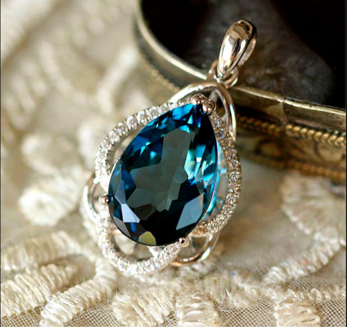 Lab Created London Blue Topaz Tea Drop Pendant 14K White Gold Finish Free Chain