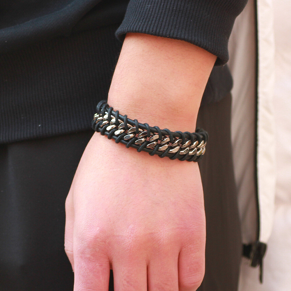 Braided Leather Silver Stainless Steel Cuban Chain Men’s Bracelet Bangle