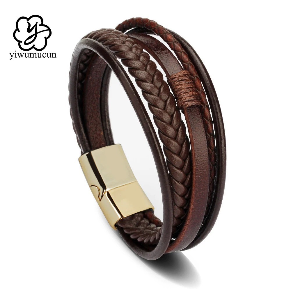 Men Jewelry Black Braided Leather Bracelet Multi-Layer Stainless Steel Clasp A