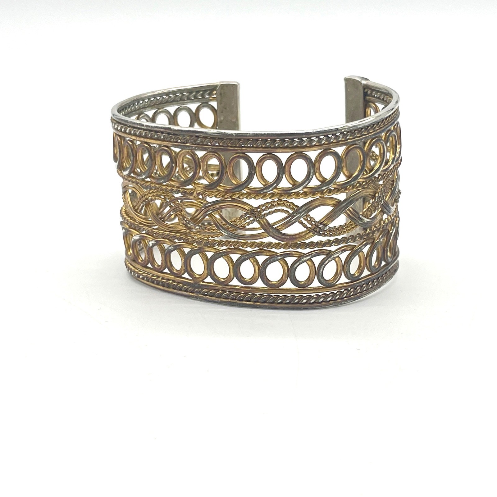 Mixed Metal Filigree Cuff Bracelet Two Tone Woven Braided Wide Statement Boho