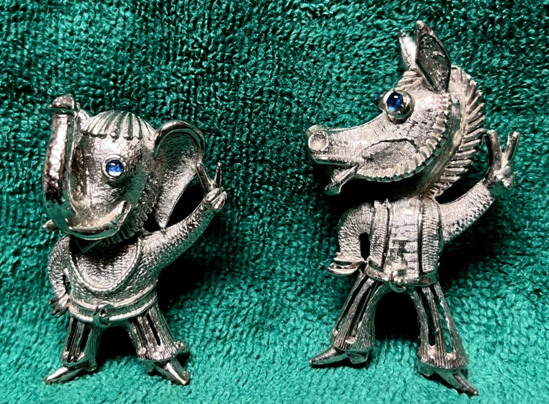 Unique Metal Animal Pins, Lot of 7, Elephants (3), Leopard, Bull, Donkey, Dog