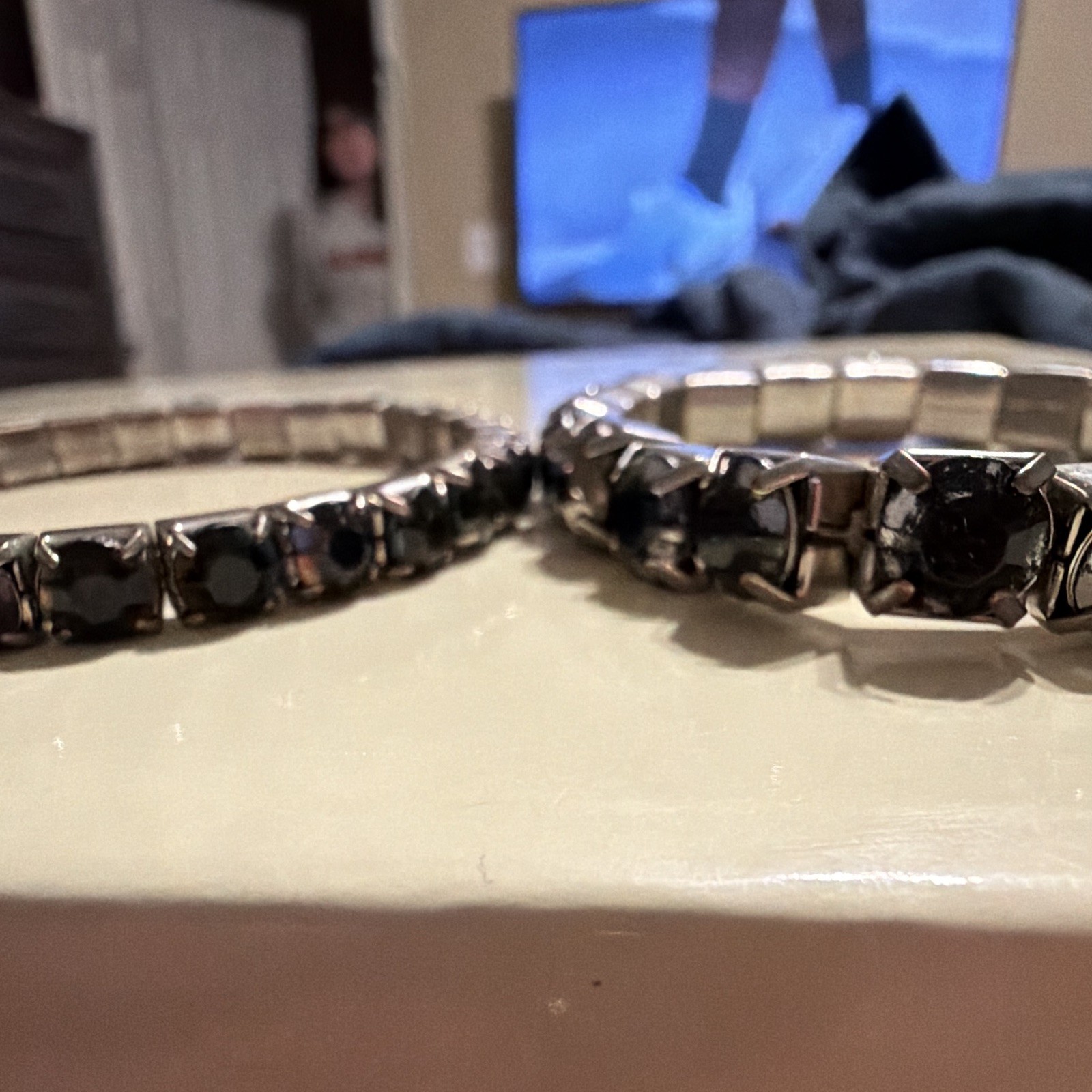 Silver Tone Stretch Tennis Bracelets Lot of 2 Black Round Rhinestones Prong Set