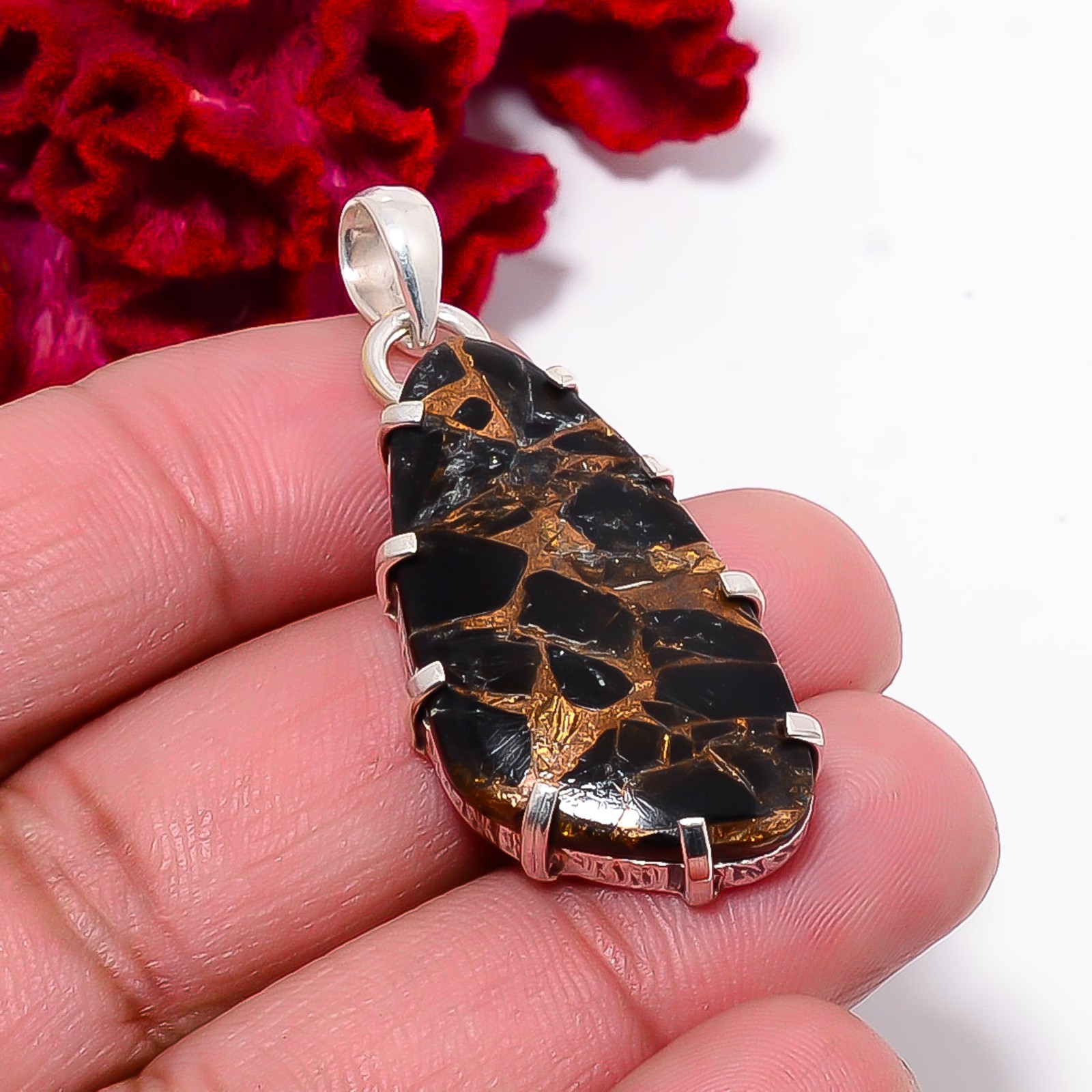 Copper Black Obsidian Gemstone 925 Sterling Silver Pendant 1.76 P99355