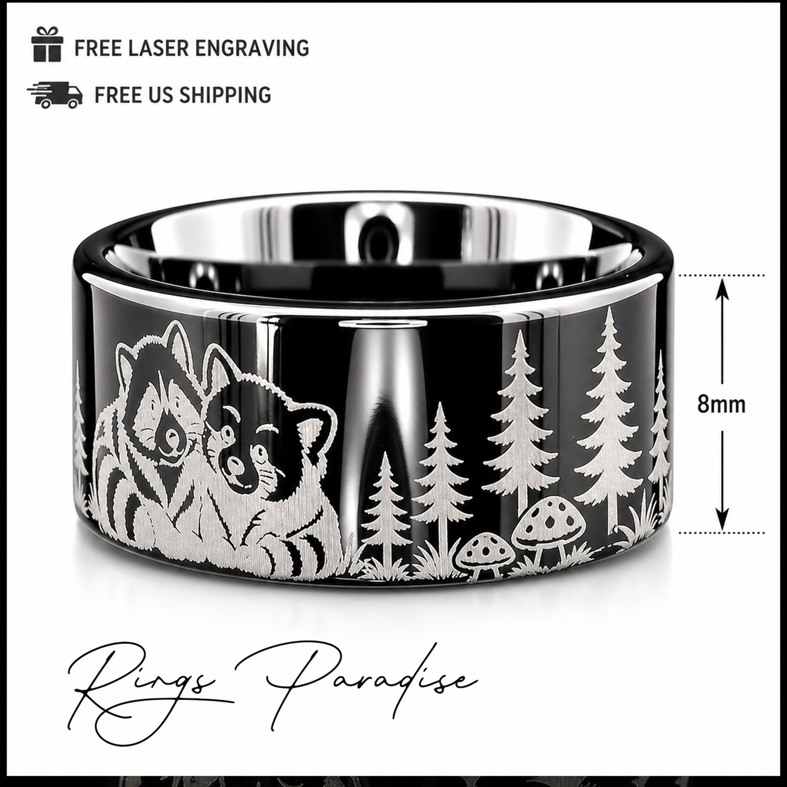 Raccoon and Red Panda Engraved Ring – Forest Animal Design – 8mm, 10mm,12mm