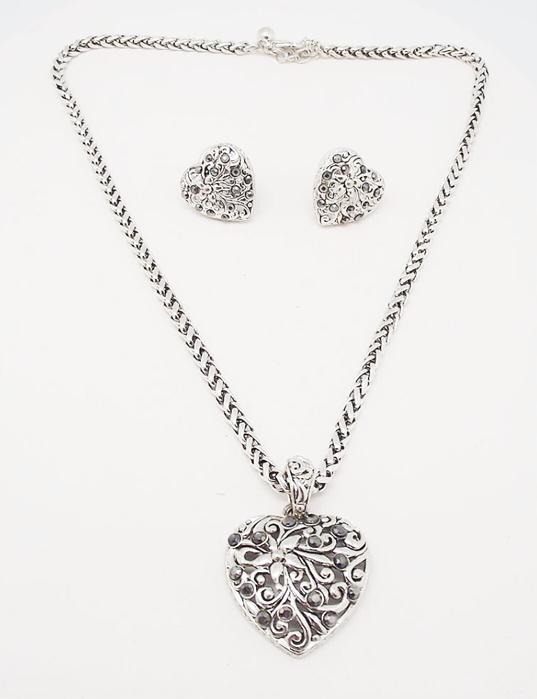 CC 17 in BLACK CRYSTAL SILVER FILIGREE HEART NECKLACE EARRINGS JEWELRY SET NEW