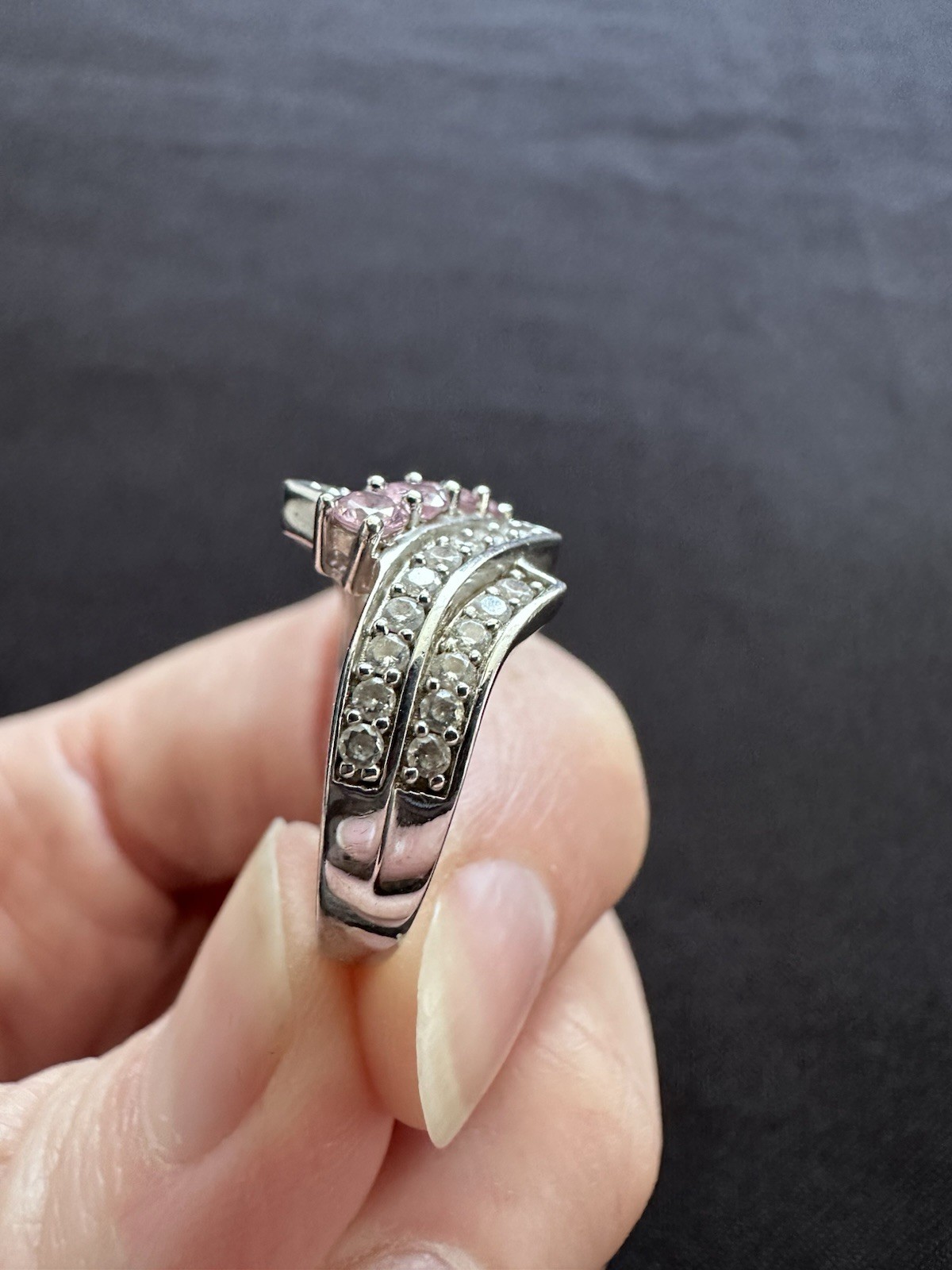 925 Sterling Silver Cubic Zirconia Clear Pink Cocktail Channel Set Wave Size M