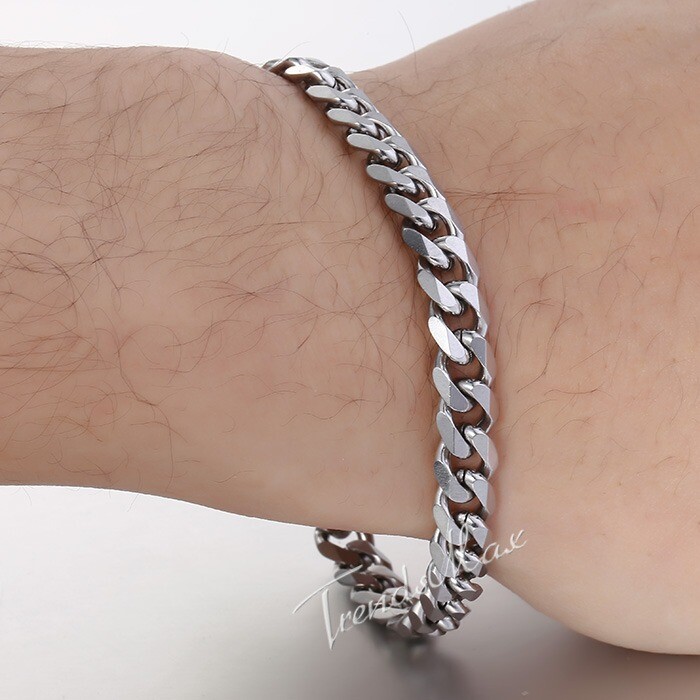 7MM Necklace Bracelet Set Curb Cuban Link Stainless Steel Chain Silver For Men