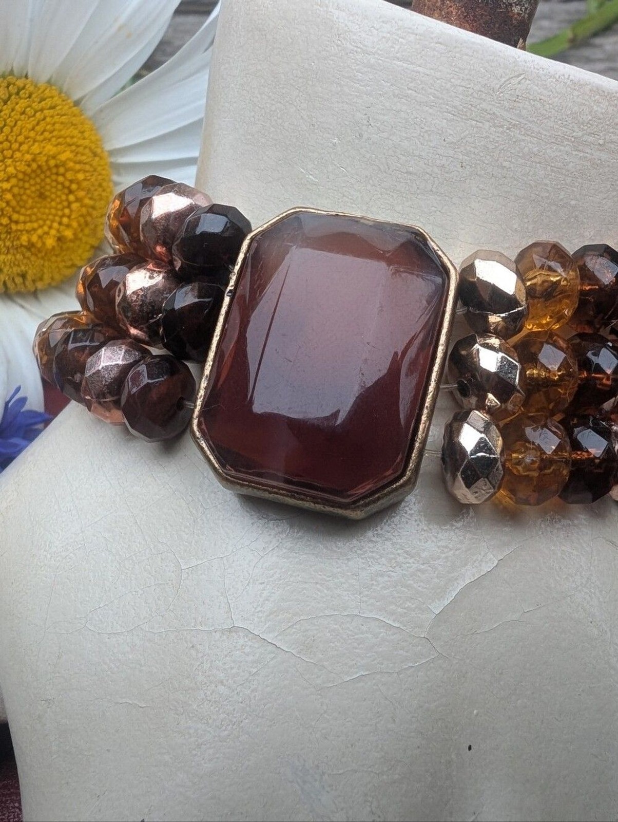 Cookie Lee Amber and Brown Faceted Bead Stretch Bracelet with Center Stone