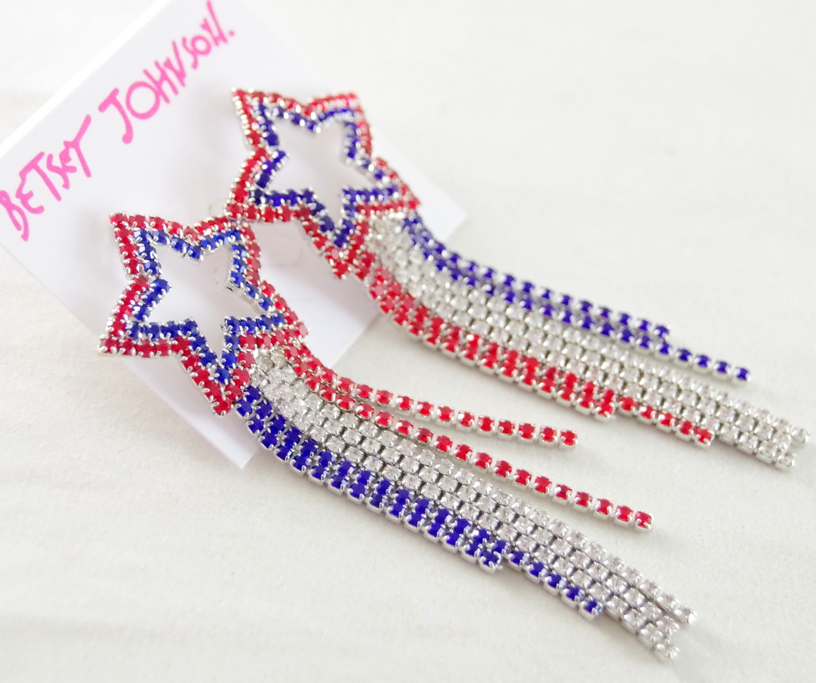 4″ Prong-Set Rhinestones! NWOT BETSEY JOHNSON PATRIOTIC DANGLE STAR EARRINGS