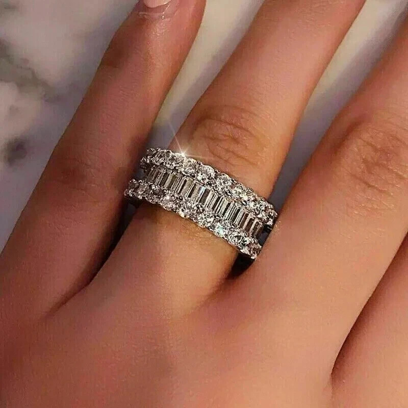 4Ct Round Cut Real Moissanite Wedding Eternity Band 14k White Gold Plated Silver