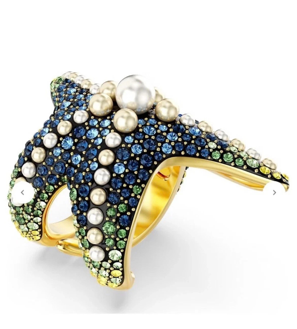 Swarovski Idyllia Starfish Cocktail Ring Multicolor Crystals Pearl Gold Tone Siz
