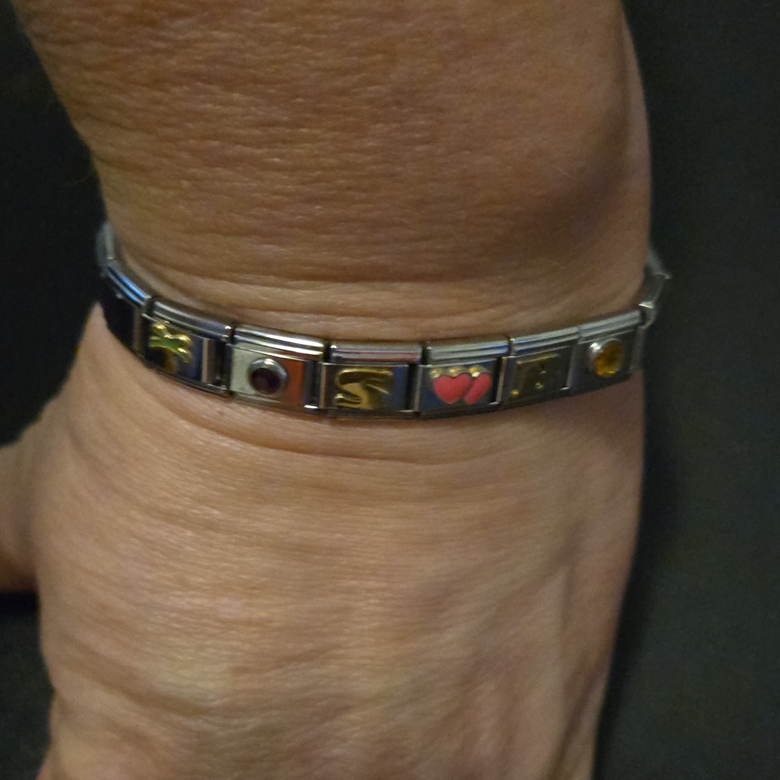 Italian Modular Stainless Steel Enamel Charm Link Stretch Bracelet Silver Tone
