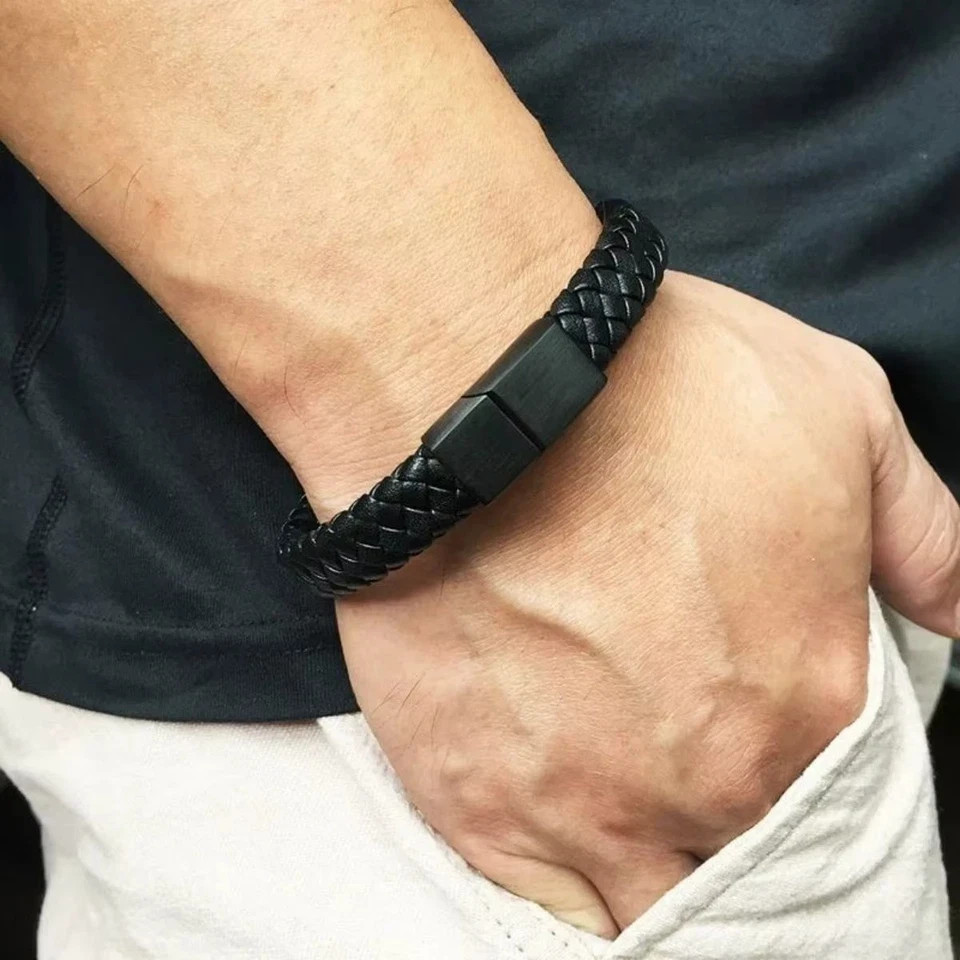 Black Bracelet Men’s Braided Leather Bangle Stainless Steel Cuff Wristband USA