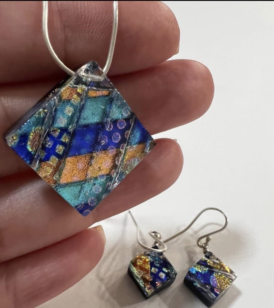 925 Sterling Silver Italy Snake Chain & Dichroic Glass Pendant and Earrings!