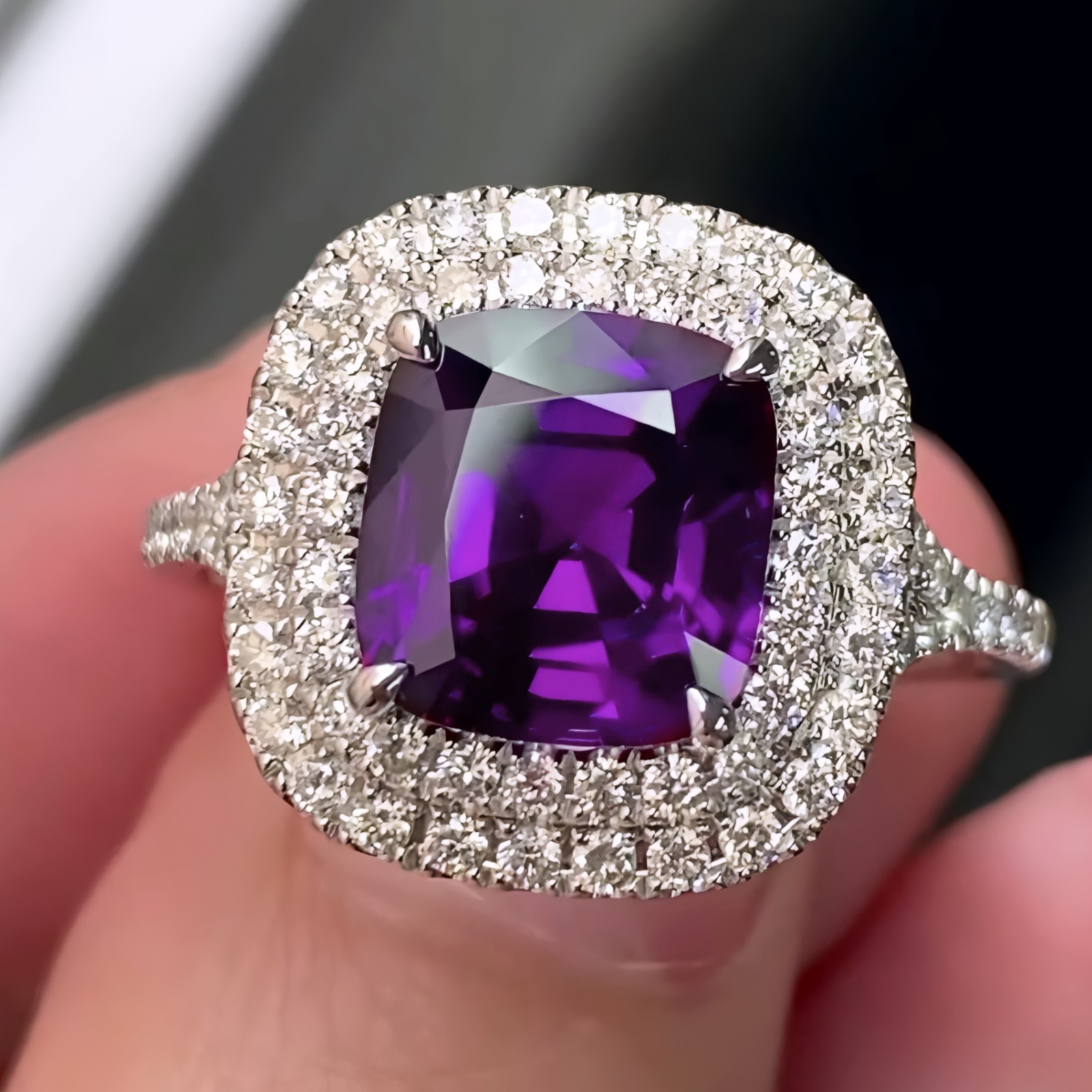 Natural Purple Amethyst Halo Ring 925 Sterling Silver Cushion Cut Handmade Fine
