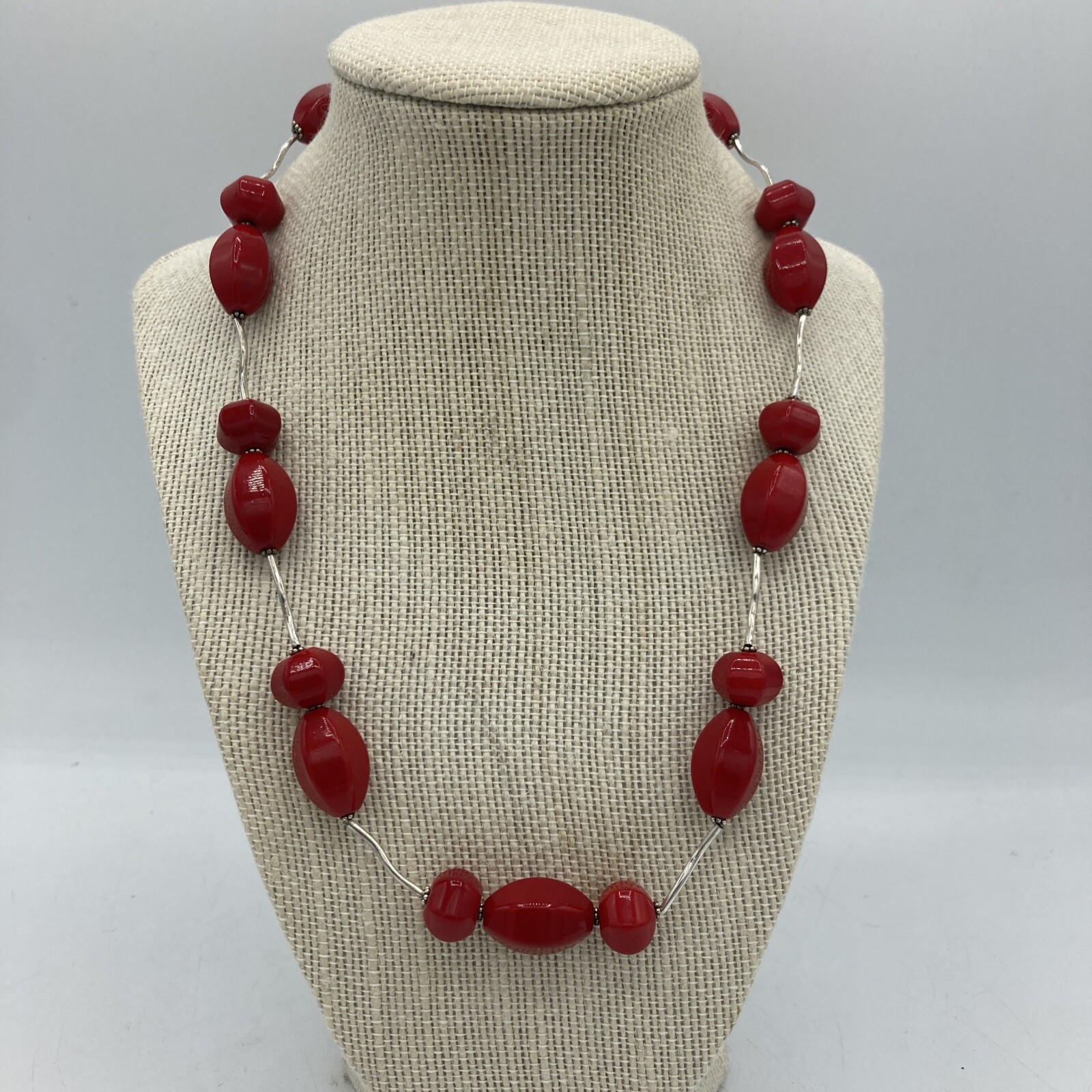 Donna Dressler Necklace Sterling Silver Cherry Red Bead Signed Mod Retro