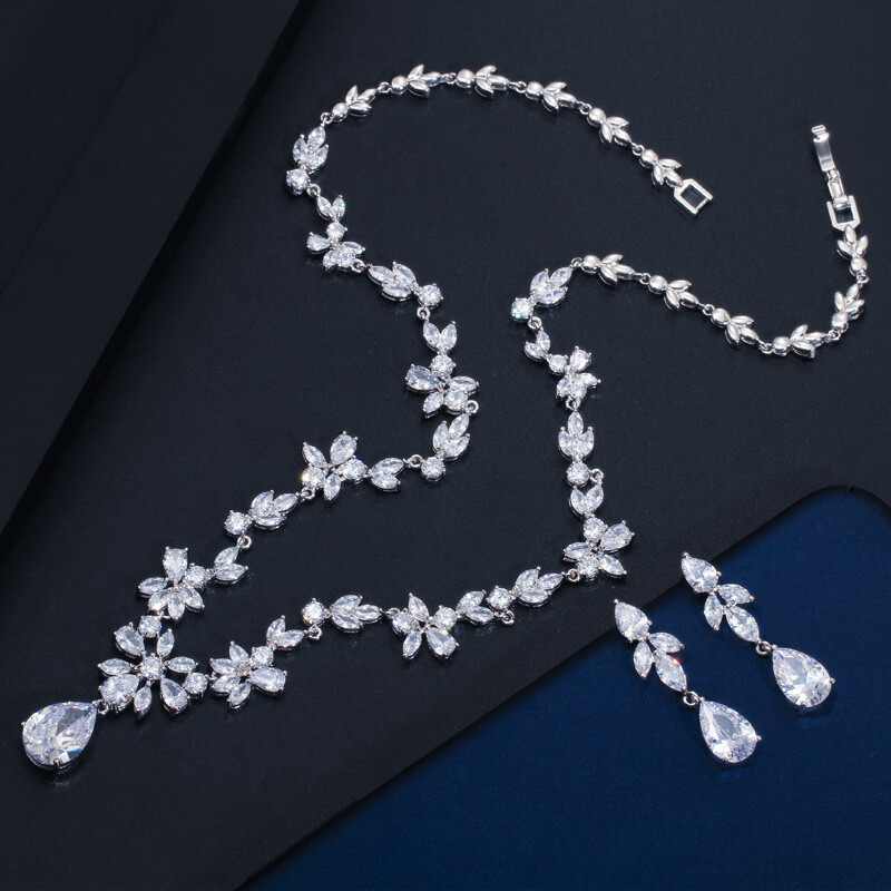 Silver Plated White CZ Necklace Earrings Sets Bridal Costume Jewelry Accessories