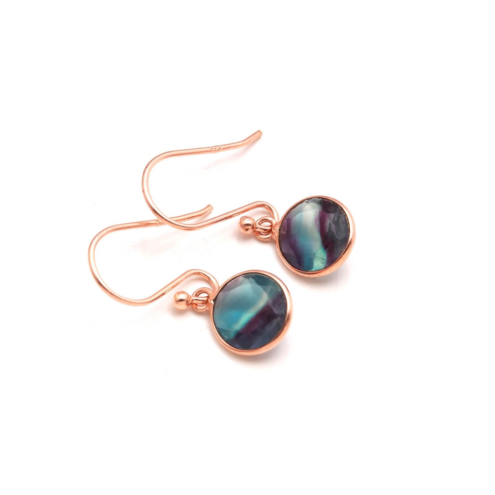 100%Natural Fluorite Round Dangle Earrings Rose Gold Plated Solid Silver Jewelry